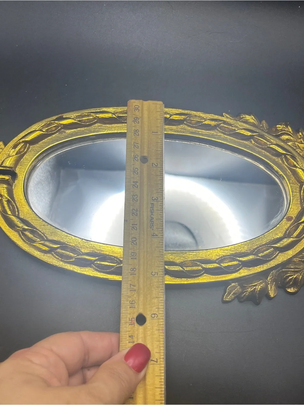 Vintage Pressed Wood and Plastic Elegant Golden Bow Oval Mirror 6” x 12”